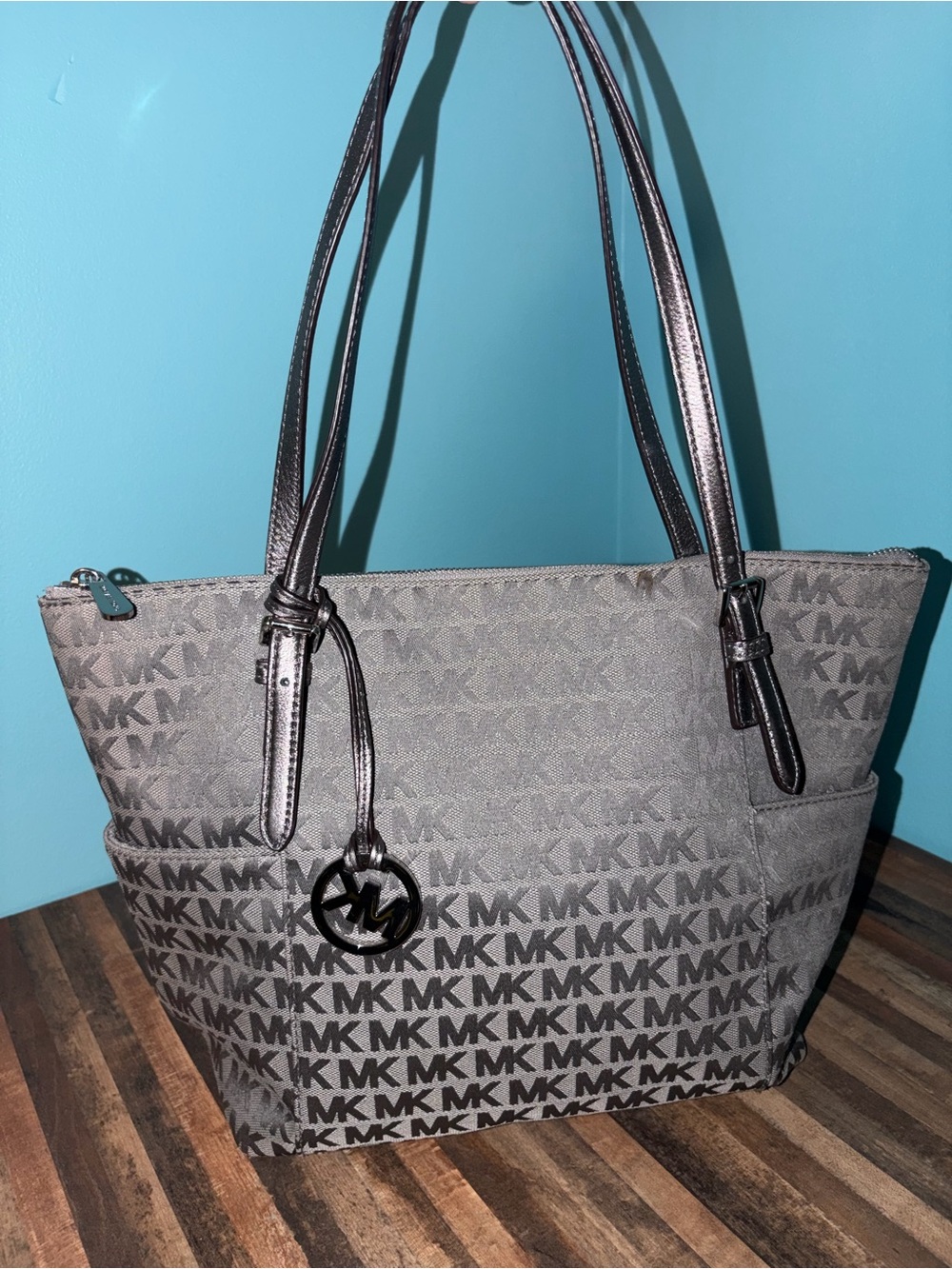 Michael Kors Gray MK Signature Tote with Black Accents